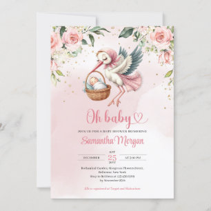 Invitation Mignonne cigogne livrant une petite fille florale