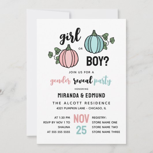 Invitation Mignonne Citrouille fille ou garçon Révélation de  (Devant)