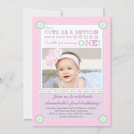Invitation Mignonne comme un bouton (Pastels) Premier anniver (Devant)