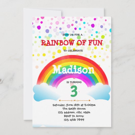 Invitation mignonne d'anniversaire d'arc-en-ciel (Devant)