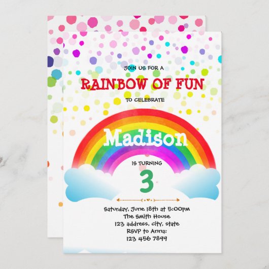 Invitation mignonne d'anniversaire d'arc-en-ciel (Devant / Derrière)