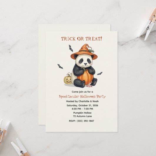Invitation mignonne d'Halloween de panda et de cit (Devant/Arrière en situation)