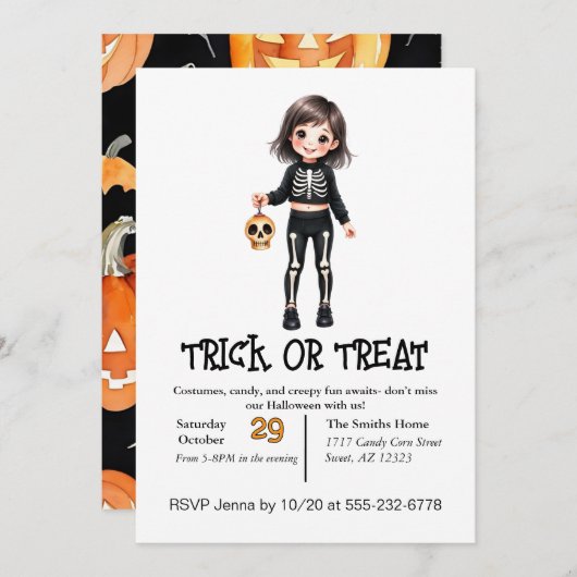 Invitation Mignonne Enfant Squelette À L'Halloween En Costume (Devant / Derrière)