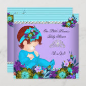 Invitation Mignonne fille Baby shower Turquoise bleu pourpre (Devant / Derrière)