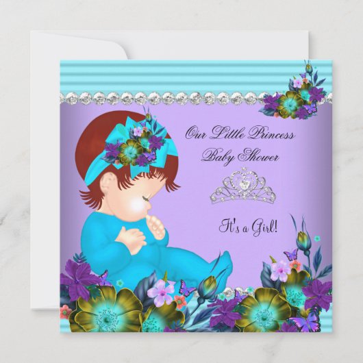 Invitation Mignonne fille Baby shower Turquoise bleu pourpre (Devant)