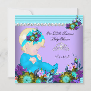 Invitation Mignonne fille Baby shower Turquoise Bleu pourpre 