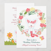 Invitation Mignonne fille lapin et Flower Wreath Anniversaire (Devant / Derrière)