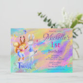 Invitation Mignonne Fille Rose Danser lapins 1er fête d'anniv (Debout devant)