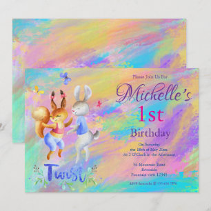 Invitation Mignonne Fille Rose Danser lapins 1er fête d'anniv
