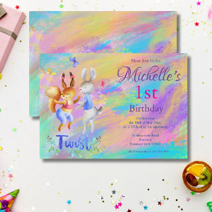 Invitation Mignonne Fille Rose Danser lapins 1er fête d'anniv