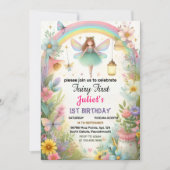 Invitation mignonne Floral Rose fille fée premier 1er anniver (Devant)