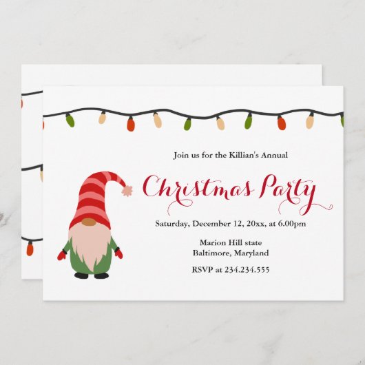 Invitation Mignonne Gnome Fête de Noël (Devant / Derrière)