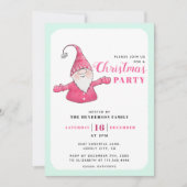 Invitation Mignonne Gnome Soirée de Noël verte et rose (Devant)