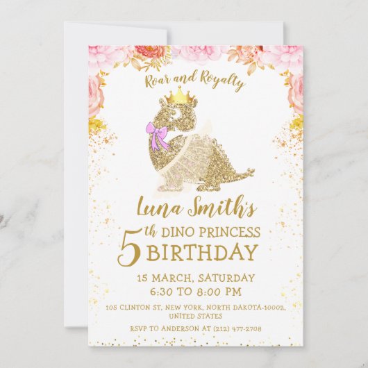 Invitation Mignonne Gold Princesse Petit Dinosaure Fille Anni (Devant)