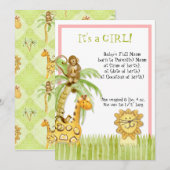 Invitation Mignonne Jungle Singe Giraffe Lion Nouveau-né bébé (Devant / Derrière)