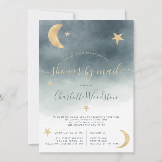 Invitation Mignonne lune or étoiles baby shower bleu par cour (Devant)