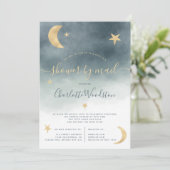 Invitation Mignonne lune or étoiles baby shower bleu par cour (Debout devant)