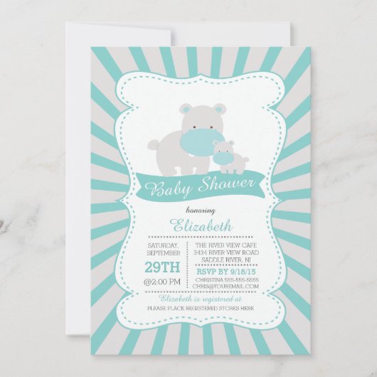Invitation Mignonne maman et bébé Hippo Boys Baby shower (Devant)