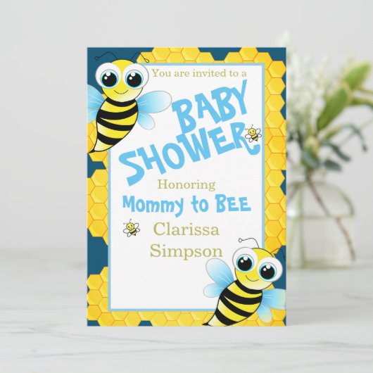 Invitation Mignonne Mère Bleu Jaune Or Pour Être Baby shower (Debout devant)