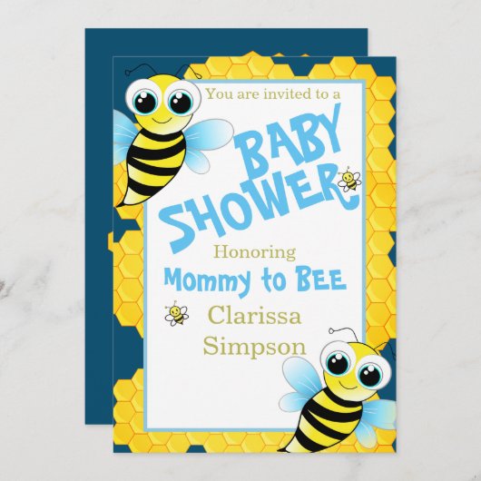 Invitation Mignonne Mère Bleu Jaune Or Pour Être Baby shower (Devant / Derrière)