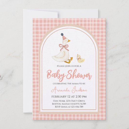 Invitation Mignonne Mère Oie & Gosling Baby shower rose (Devant)