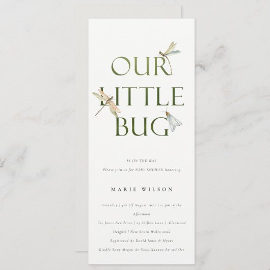 Invitation Mignonne Notre petit Baby shower de libellule vert (Devant / Derrière)