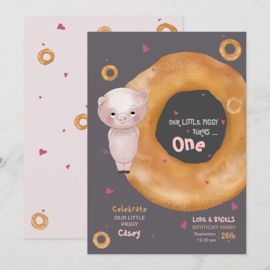 Invitation Mignonne "NOTRE PETITE PIGGIE" | "Amour & Bagels" (Devant / Derrière)