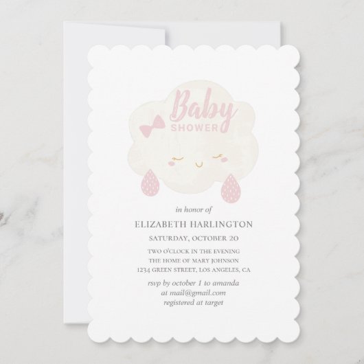 Invitation Mignonne nuage de fille rose. Pluie de baby shower (Devant)