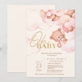 Invitation Mignonne ours en peluche Ballons rose Bébé Fille D (Devant / Derrière)