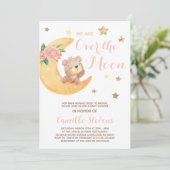 Invitation Mignonne ours sur la lune Baby shower fille (Debout devant)