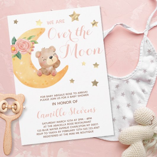 Invitation Mignonne ours sur la lune Baby shower fille
