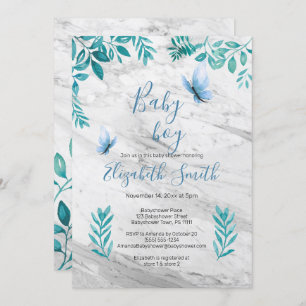 Invitation Mignonne papillon bleu d'aquarelle fleurie de marb