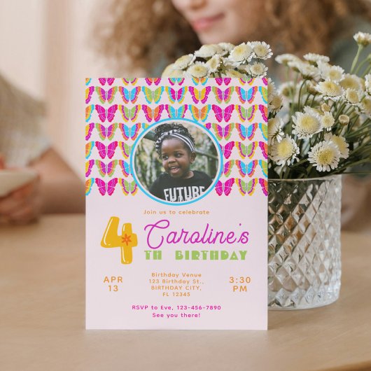 Invitation Mignonne Papillons colorés Fille 4e fête d'anniver
