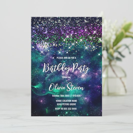 Invitation Mignonne parties scintillant vert violet foncé (Debout devant)