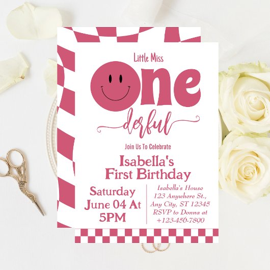 Invitation Mignonne petite Miss Onederful Rose fille 1er anni