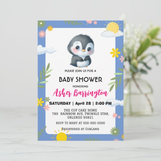 Invitation Mignonne pingouin soleil fleur baby shower enfants (Debout devant)