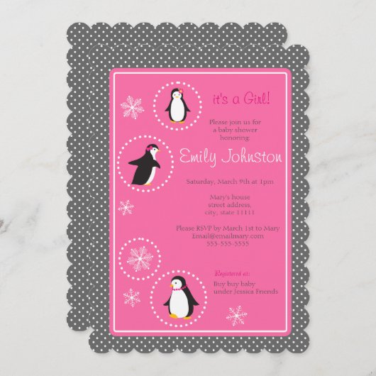 Invitation mignonne pingouins fille baby shower 5 x 7 invitat (Devant / Derrière)