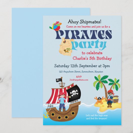 Invitation Mignonne Pirate Expédié Garçons fête d'anniversair (Devant / Derrière)
