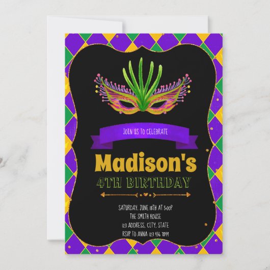 Invitation mignonne pour une fête de mardi gras (Devant)