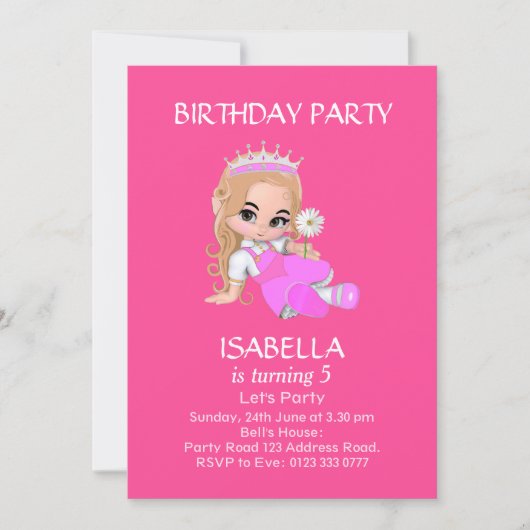 Invitation Mignonne princesse fille en rose 5e fête d'anniver (Devant)
