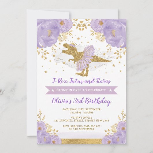 Invitation Mignonne Purple Gold Princesse Dinosaur Fille Anni (Devant)