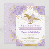 Invitation Mignonne Purple Gold Princesse Dinosaur Fille Anni (Devant / Derrière)