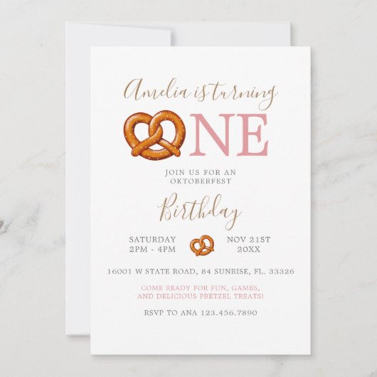 Invitation Mignonne rose Octoberfest Pretzel Tourne un Annive (Devant)