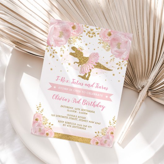 Invitation Mignonne Rose or princesse Dinosaur fille Annivers