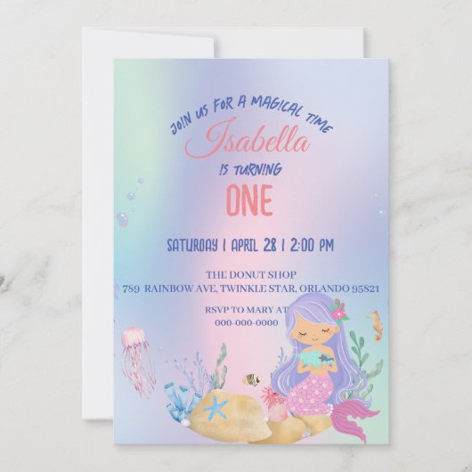 Invitation Mignonne sirène colorée Arc-en-ciel Anniversaire e (Devant)