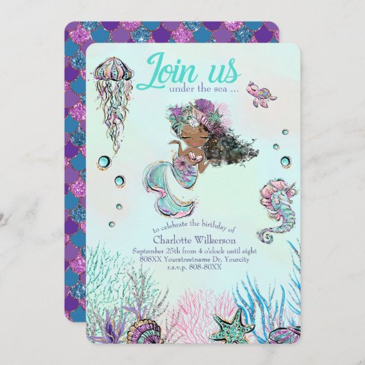 Invitation Mignonne sirène de Parties scintillant avec cheveu (Devant / Derrière)