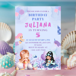 Invitation Mignonne sirène sous la mer fille fête d'anniversa