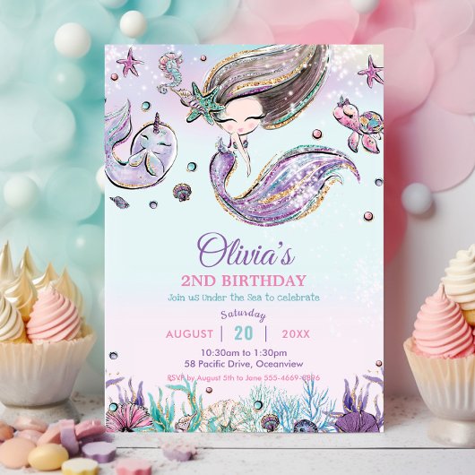 Invitation Mignonne sirène sous la mer Narwhal violet Anniver