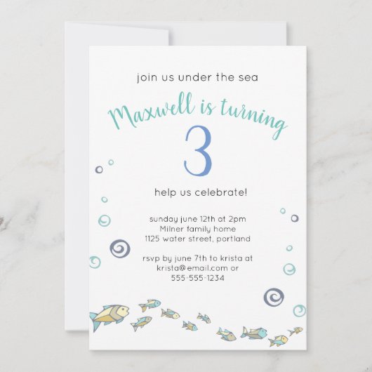 Invitation Mignonne Sous La Mer Tournant 3 Océan Anniversaire (Devant)