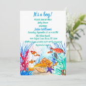 Invitation Mignonne tortue de mer sous la mer Bleu Bébé Garço (Debout devant)